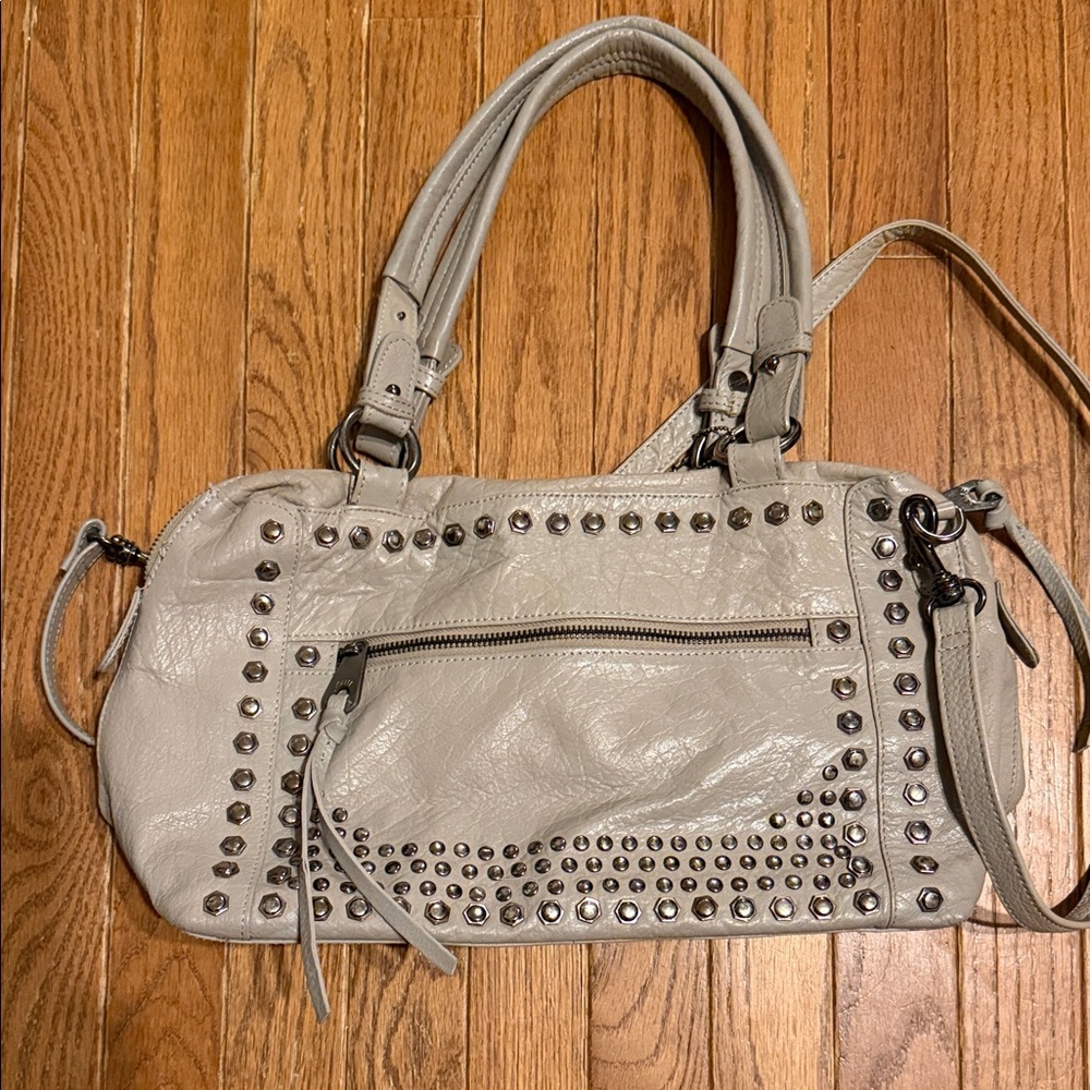 Joelle Hawkins Gray genuine Leather Handbag with silver studding.